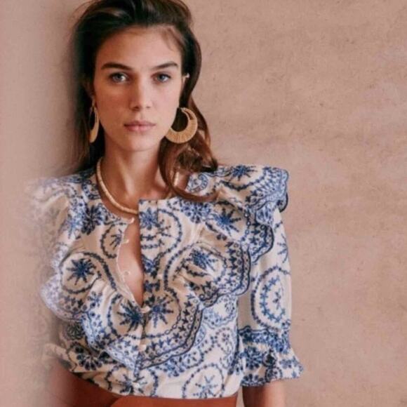 Sezane South Blouse Embroidered Floral Eyelet 
Blouse Summer French Blouse US 6 - Picture 12 of 14